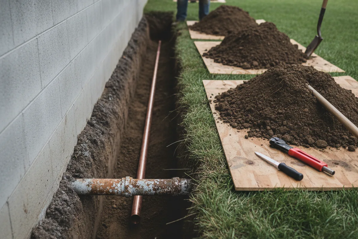 Excavated water line trench during Water Softener Installation in Woodgate
